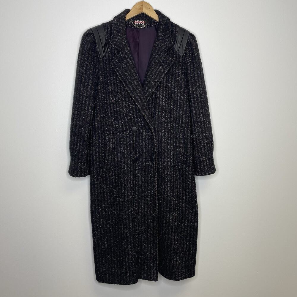 Vtg New York Girl Women's 14 Tweed Wool Leather Button 80s Double Breasted Coat
